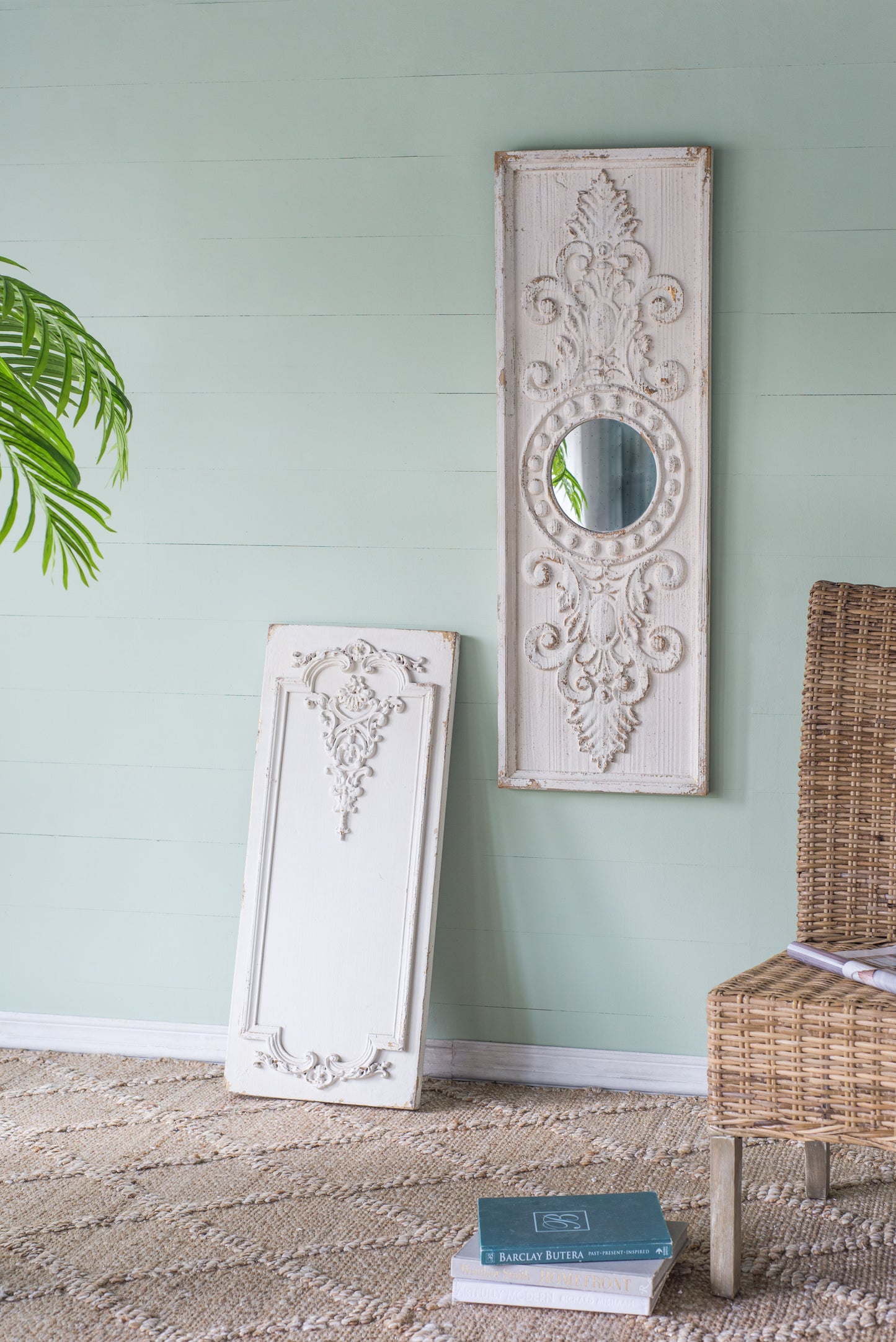 Set of 2 Large Wooden Wall Art Panels with Distressed White Finish and Round Mirror Accents,17" x 48"
