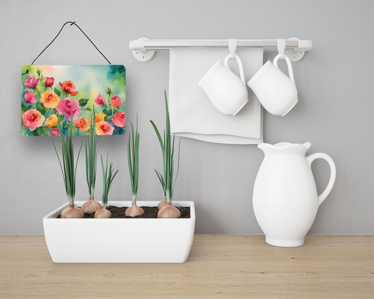 NEW Roses in Watercolor Wall or Door Hanging Prints Aluminum Metal Sign Kitchen Wall Bar Bathroom Plaque Home Decor, 8HX12W, Multicolor