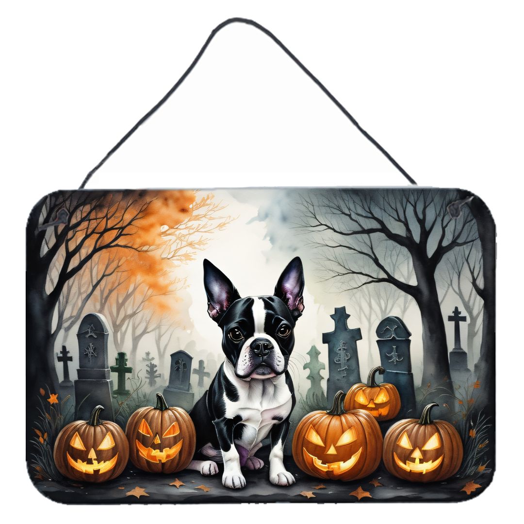 NEW Boston Terrier Spooky Halloween Wall or Door Hanging Prints Aluminum Metal Sign Kitchen Wall Bar Bathroom Plaque Home Decor, 8HX12W, Multicolor