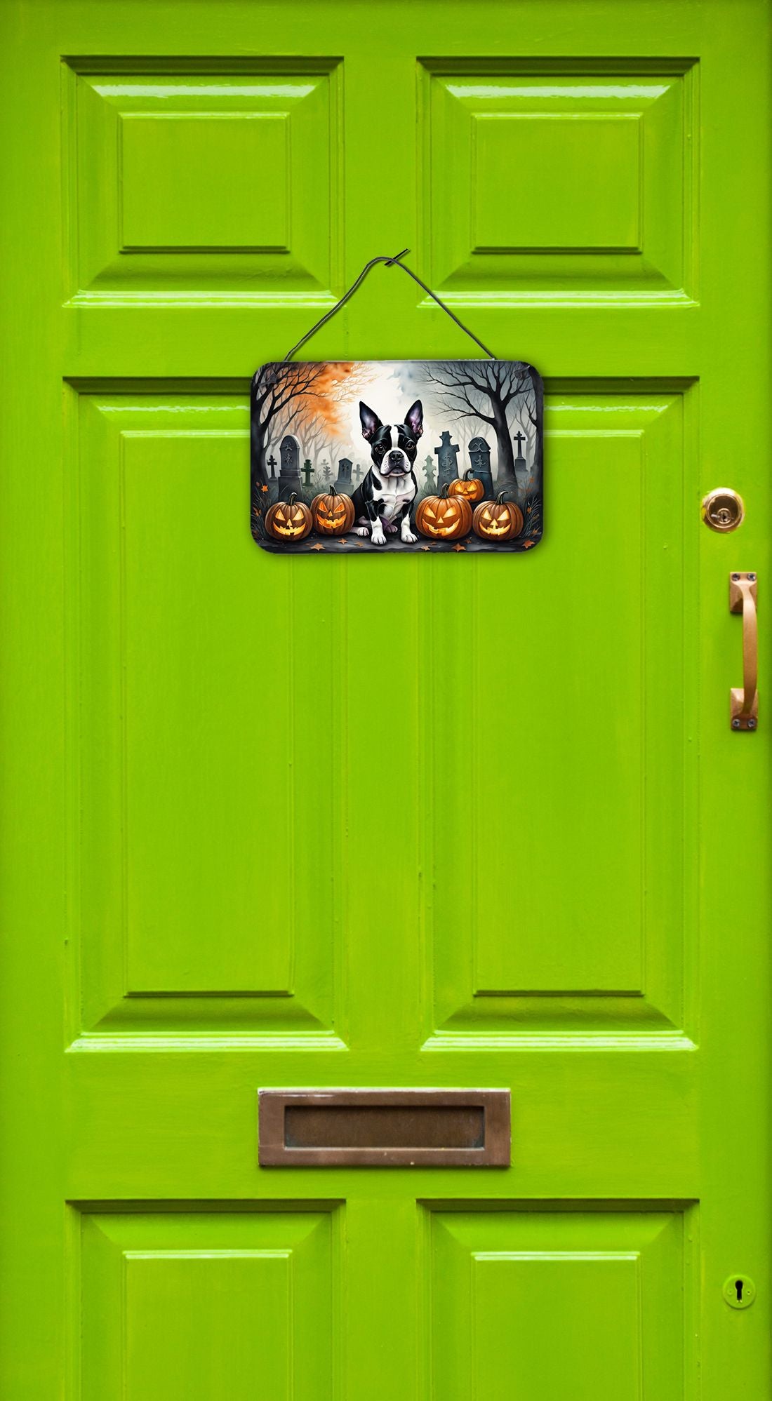 NEW Boston Terrier Spooky Halloween Wall or Door Hanging Prints Aluminum Metal Sign Kitchen Wall Bar Bathroom Plaque Home Decor, 8HX12W, Multicolor