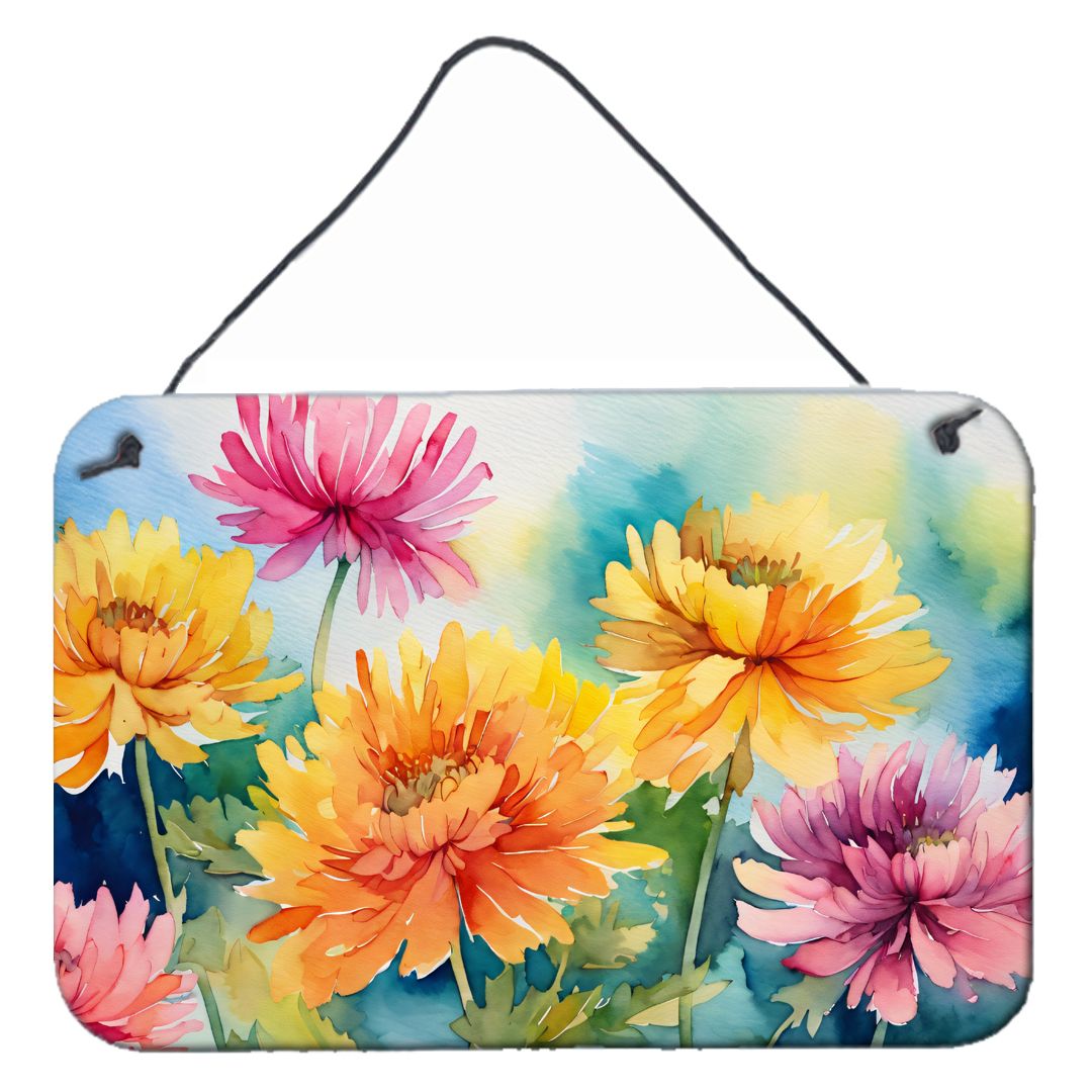 NEW Chrysanthemums in Watercolor Wall or Door Hanging Prints Aluminum Metal Sign Kitchen Wall Bar Bathroom Plaque Home Decor, 8HX12W, Multicolor