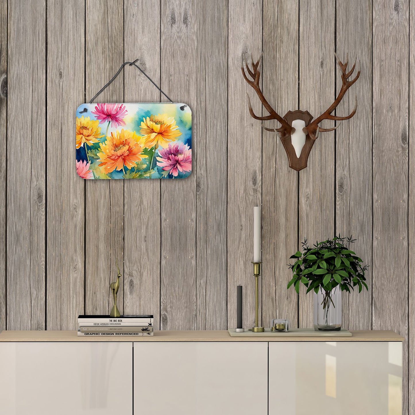 NEW Chrysanthemums in Watercolor Wall or Door Hanging Prints Aluminum Metal Sign Kitchen Wall Bar Bathroom Plaque Home Decor, 8HX12W, Multicolor