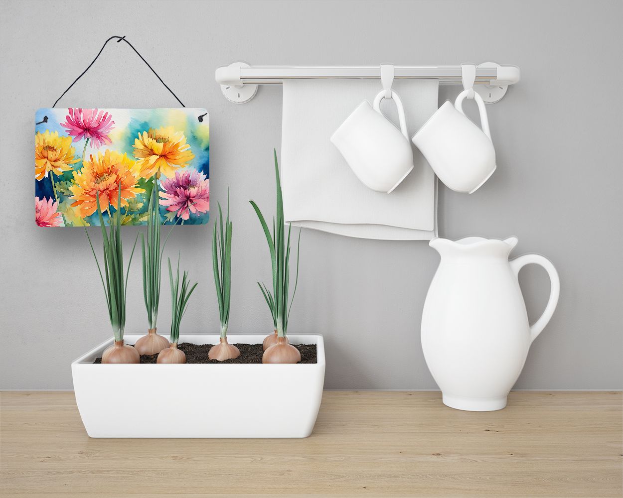 NEW Chrysanthemums in Watercolor Wall or Door Hanging Prints Aluminum Metal Sign Kitchen Wall Bar Bathroom Plaque Home Decor, 8HX12W, Multicolor