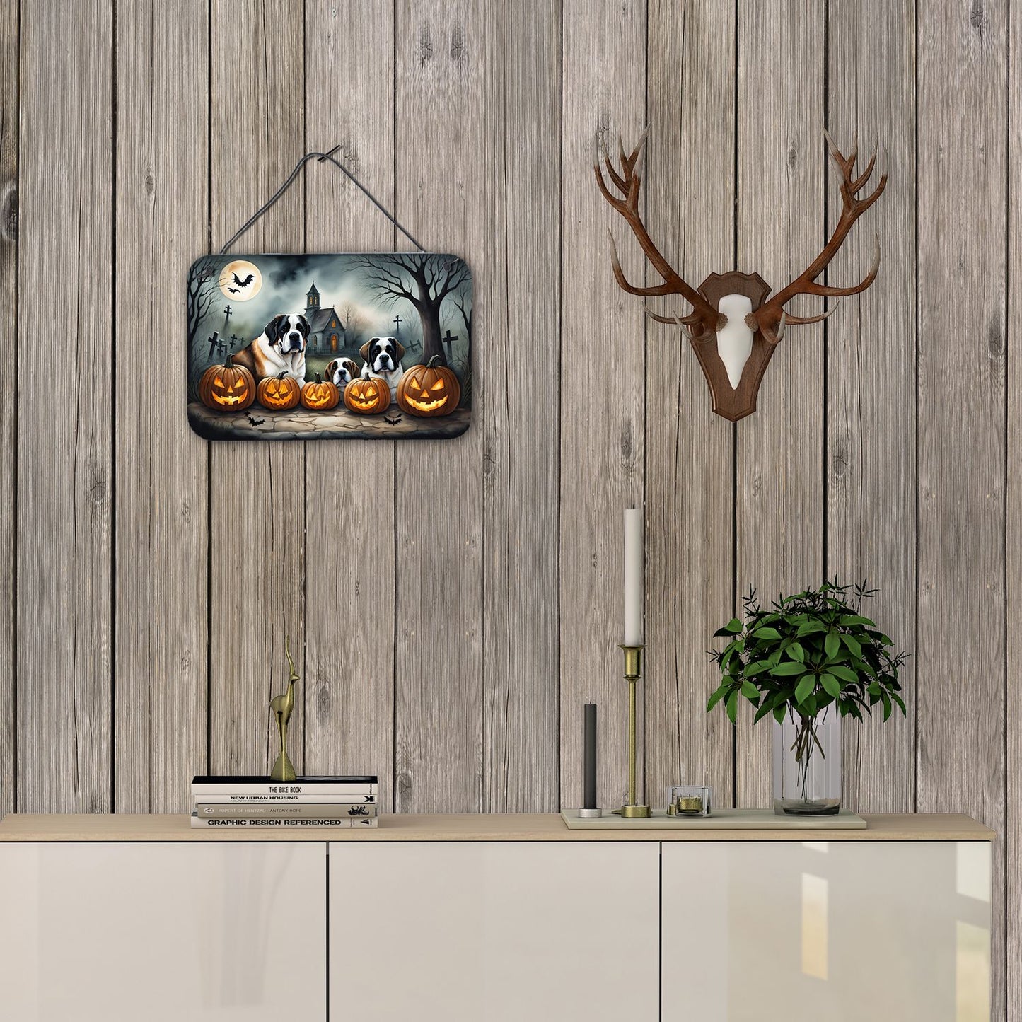 NEW Saint Bernard Spooky Halloween Wall or Door Hanging Prints Aluminum Metal Sign Kitchen Wall Bar Bathroom Plaque Home Decor, 8HX12W, Multicolor