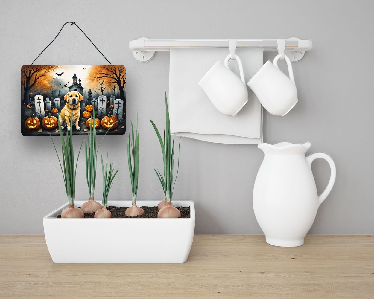 NEW Yellow Labrador Retriever Spooky Halloween Wall or Door Hanging Prints Aluminum Metal Sign Kitchen Wall Bar Bathroom Plaque Home Decor, 8HX12W, Multicolor