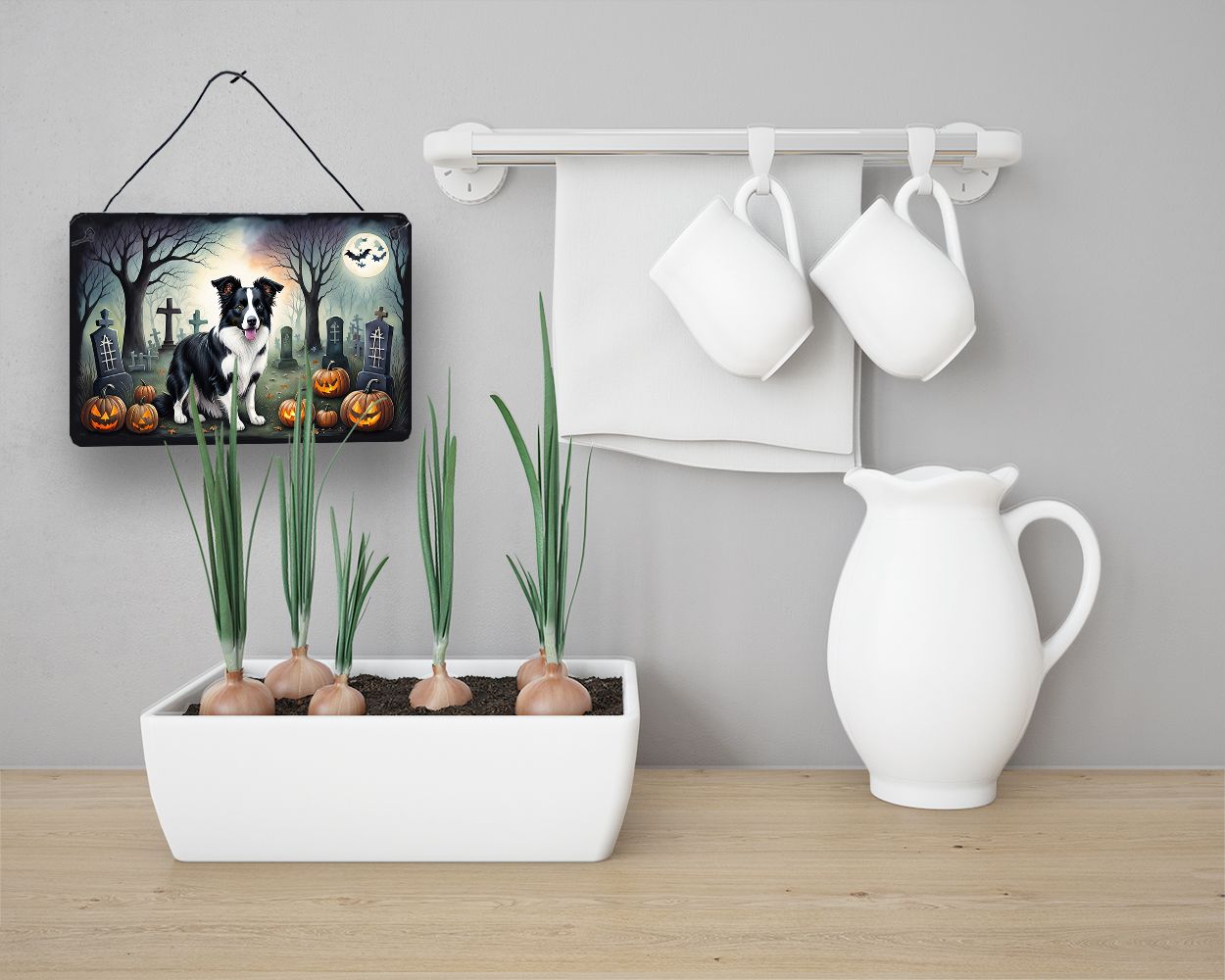 NEW Border Collie Spooky Halloween Wall or Door Hanging Prints Aluminum Metal Sign Kitchen Wall Bar Bathroom Plaque Home Decor, 8HX12W, Multicolor