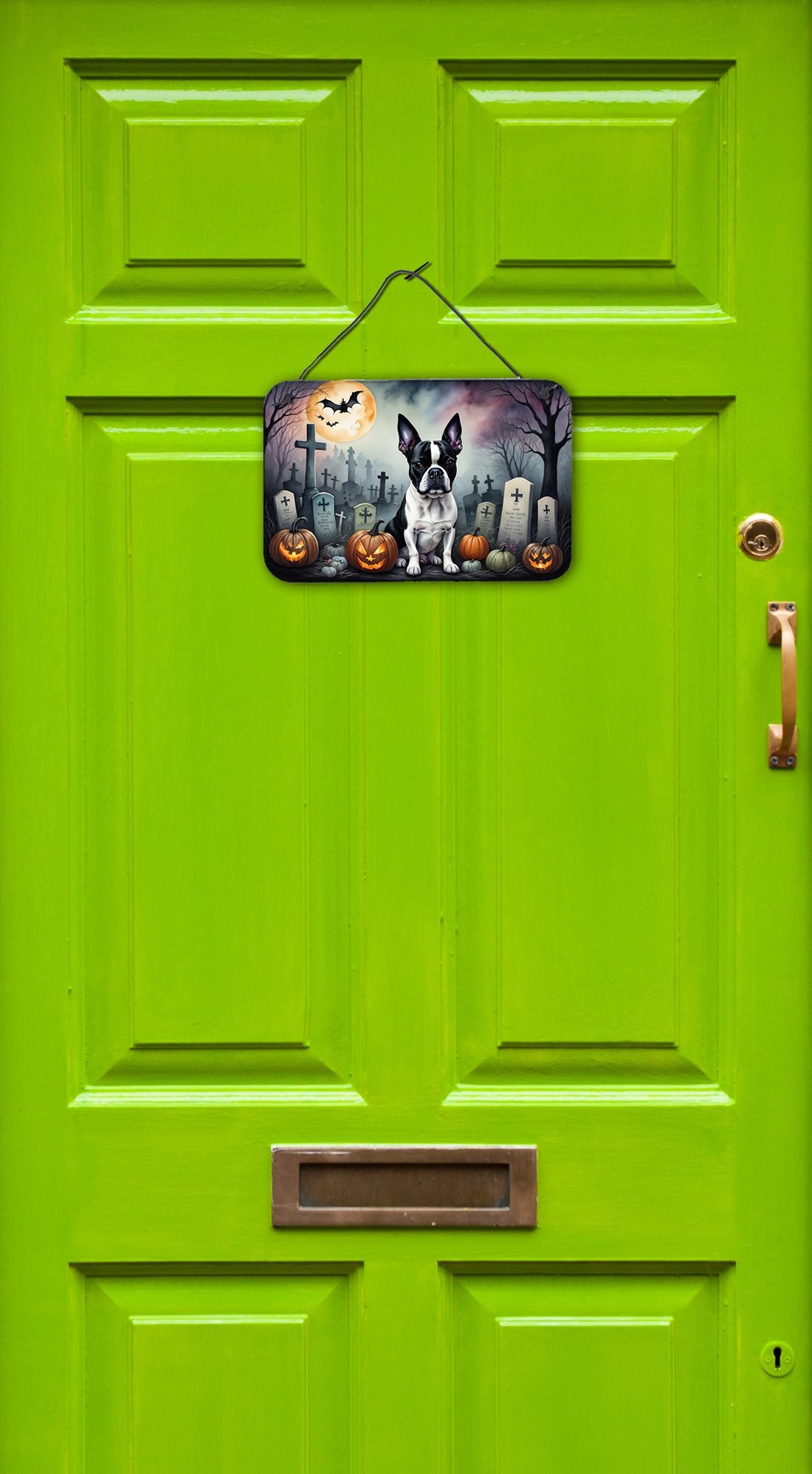 NEW Boston Terrier Spooky Halloween Wall or Door Hanging Prints Aluminum Metal Sign Kitchen Wall Bar Bathroom Plaque Home Decor, 8HX12W, Multicolor