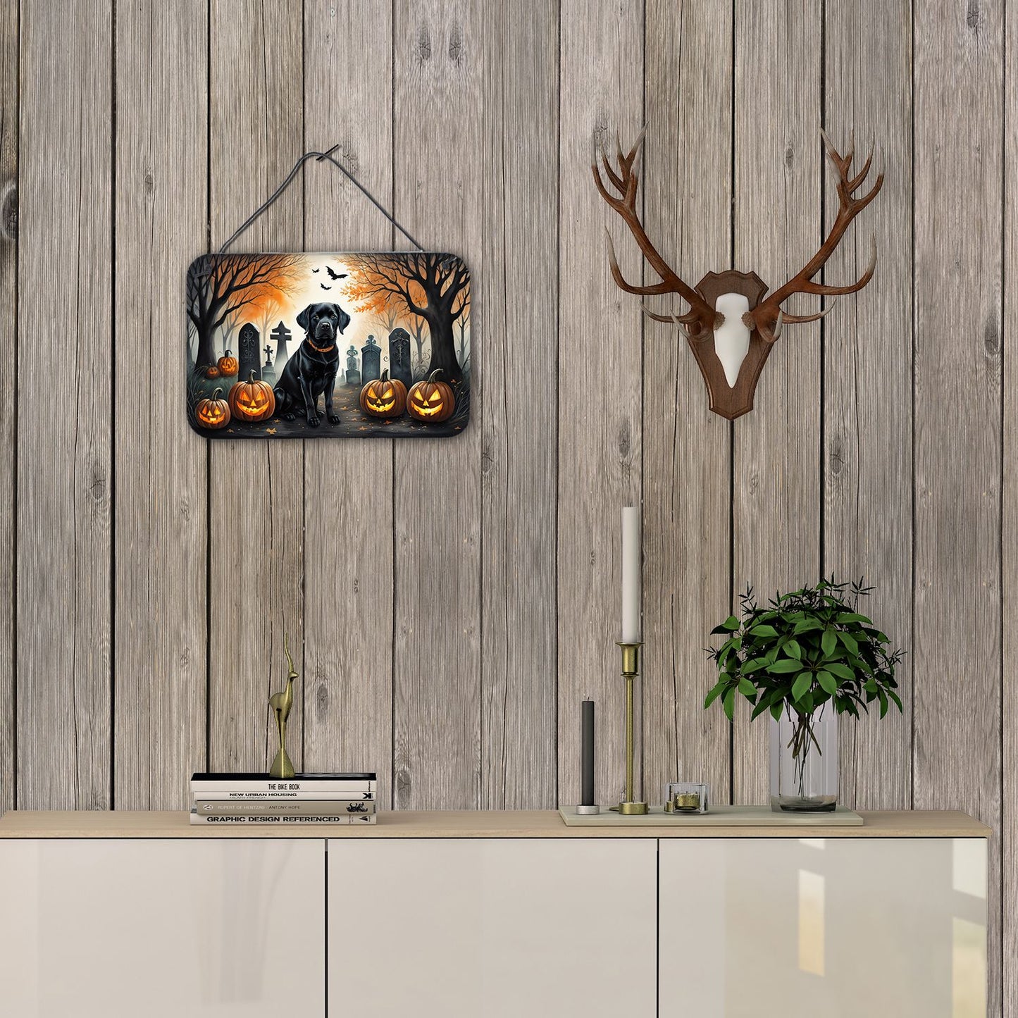 NEW Black Labrador Retriever Spooky Halloween Wall or Door Hanging Prints Aluminum Metal Sign Kitchen Wall Bar Bathroom Plaque Home Decor, 8HX12W, Multicolor