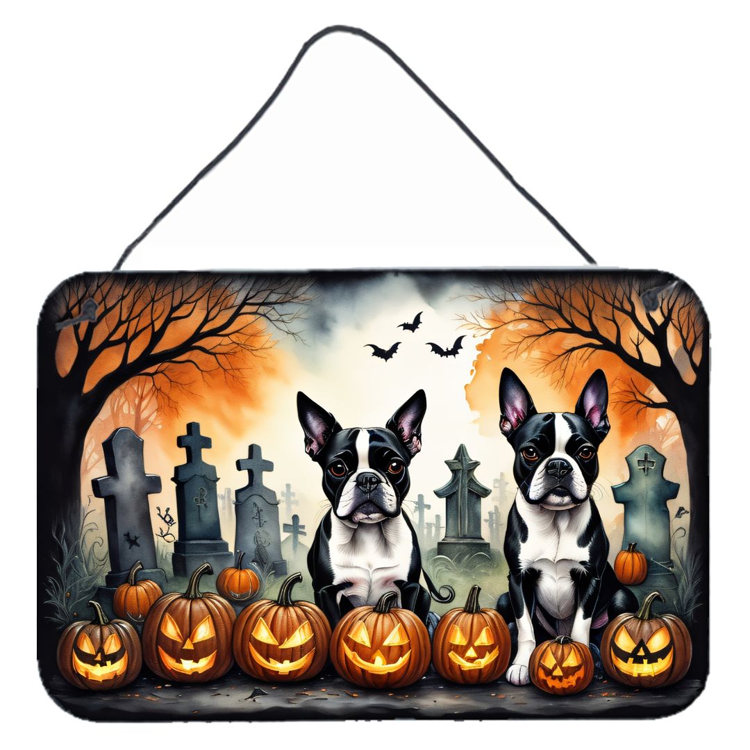 NEW Boston Terrier Spooky Halloween Wall or Door Hanging Prints Aluminum Metal Sign Kitchen Wall Bar Bathroom Plaque Home Decor, 8HX12W, Multicolor