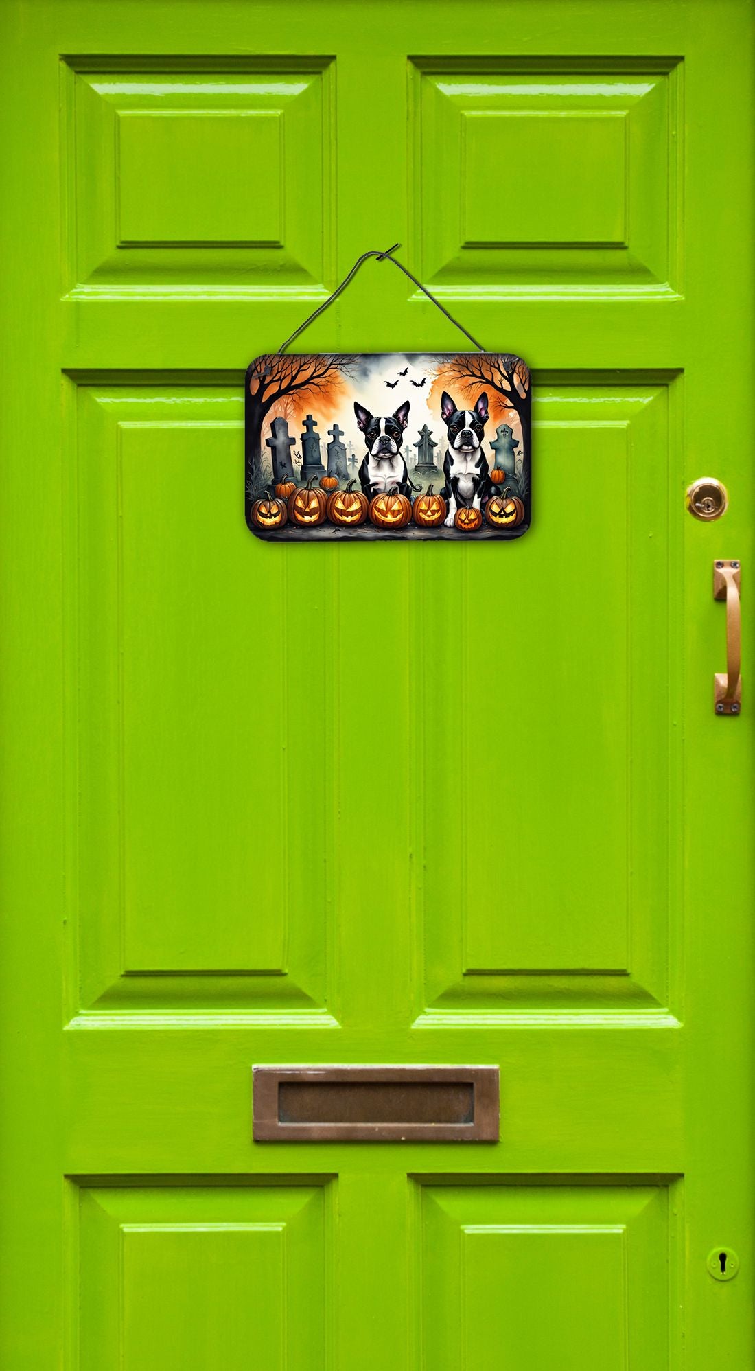 NEW Boston Terrier Spooky Halloween Wall or Door Hanging Prints Aluminum Metal Sign Kitchen Wall Bar Bathroom Plaque Home Decor, 8HX12W, Multicolor