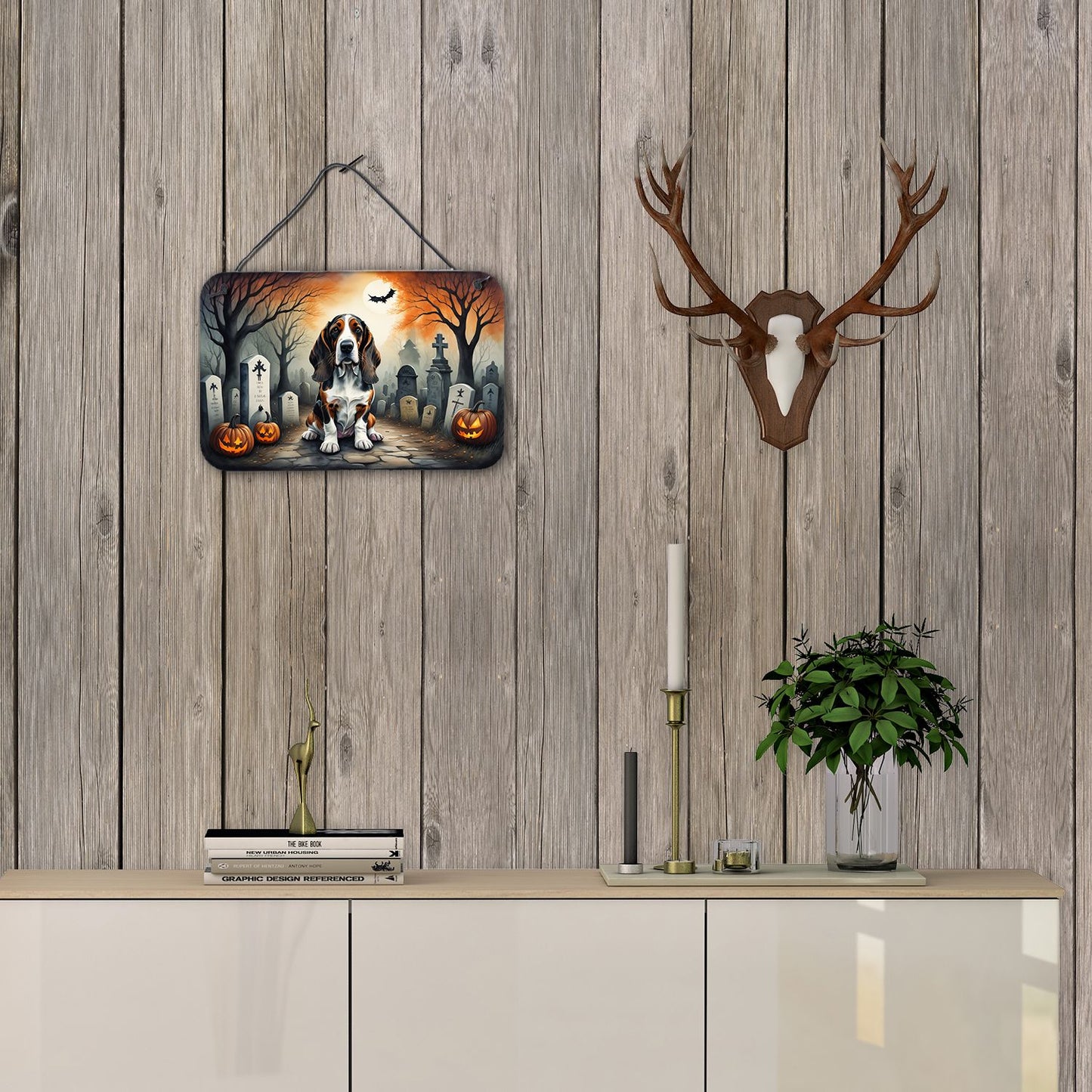 NEW Basset Hound Spooky Halloween Wall or Door Hanging Prints Aluminum Metal Sign Kitchen Wall Bar Bathroom Plaque Home Decor, 8HX12W, Multicolor