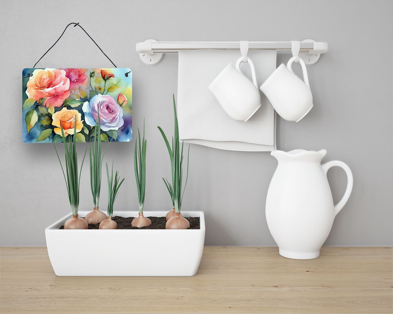NEW Roses in Watercolor Wall or Door Hanging Prints Aluminum Metal Sign Kitchen Wall Bar Bathroom Plaque Home Decor, 8HX12W, Multicolor