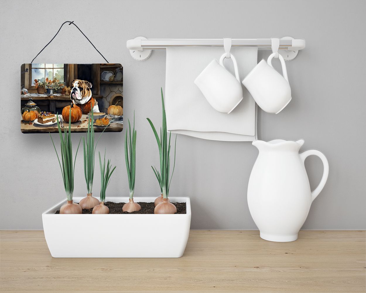 NEW English Bulldog Fall Kitchen Pumpkins Wall or Door Hanging Prints Aluminum Metal Sign Kitchen Wall Bar Bathroom Plaque Home Decor, 8HX12W, Multicolor