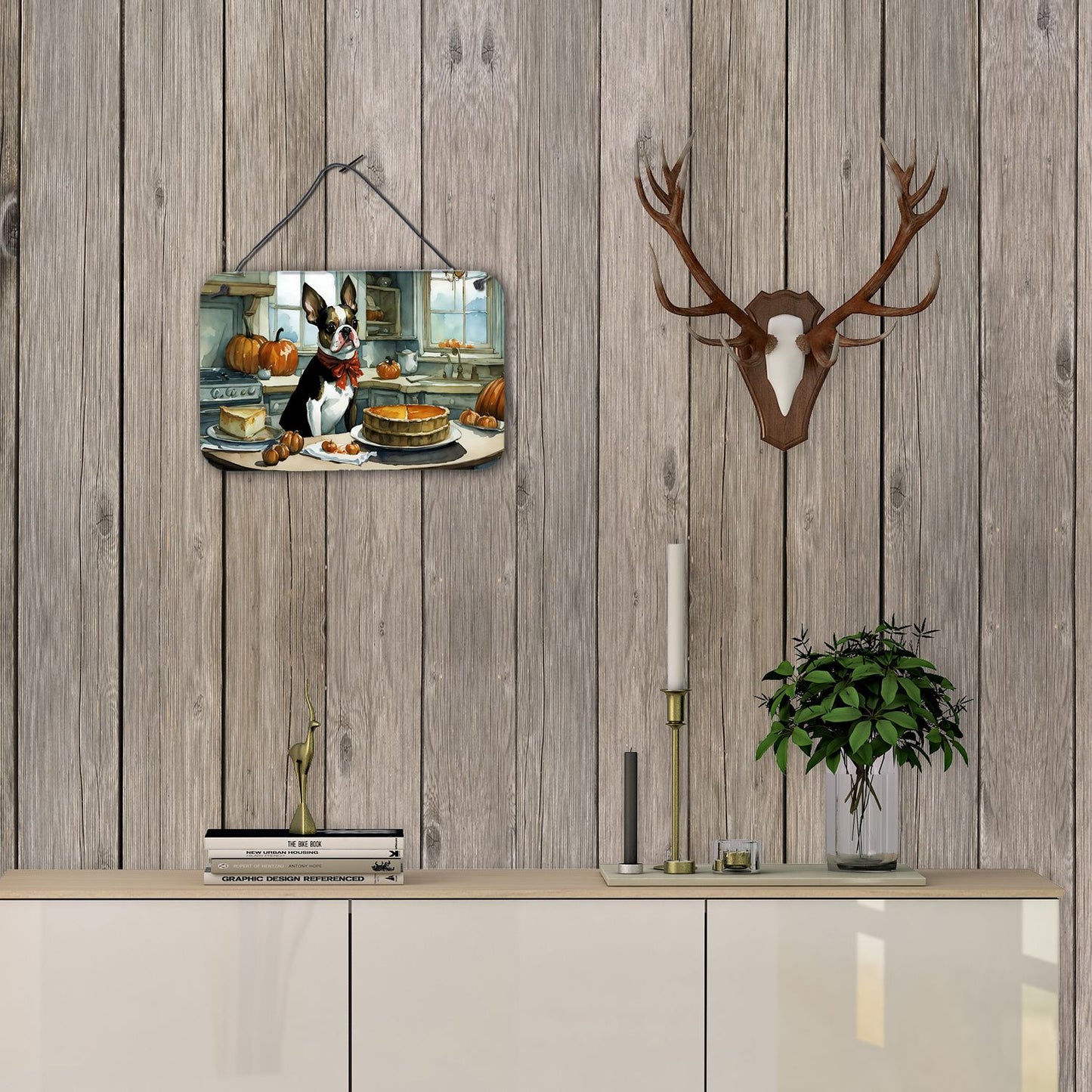 NEW Boston Terrier Fall Kitchen Pumpkins Wall or Door Hanging Prints Aluminum Metal Sign Kitchen Wall Bar Bathroom Plaque Home Decor, 8HX12W, Multicolor
