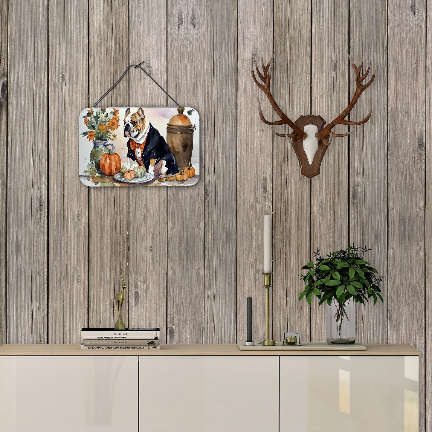 NEW English Bulldog Fall Kitchen Pumpkins Wall or Door Hanging Prints Aluminum Metal Sign Kitchen Wall Bar Bathroom Plaque Home Decor, 8HX12W, Multicolor