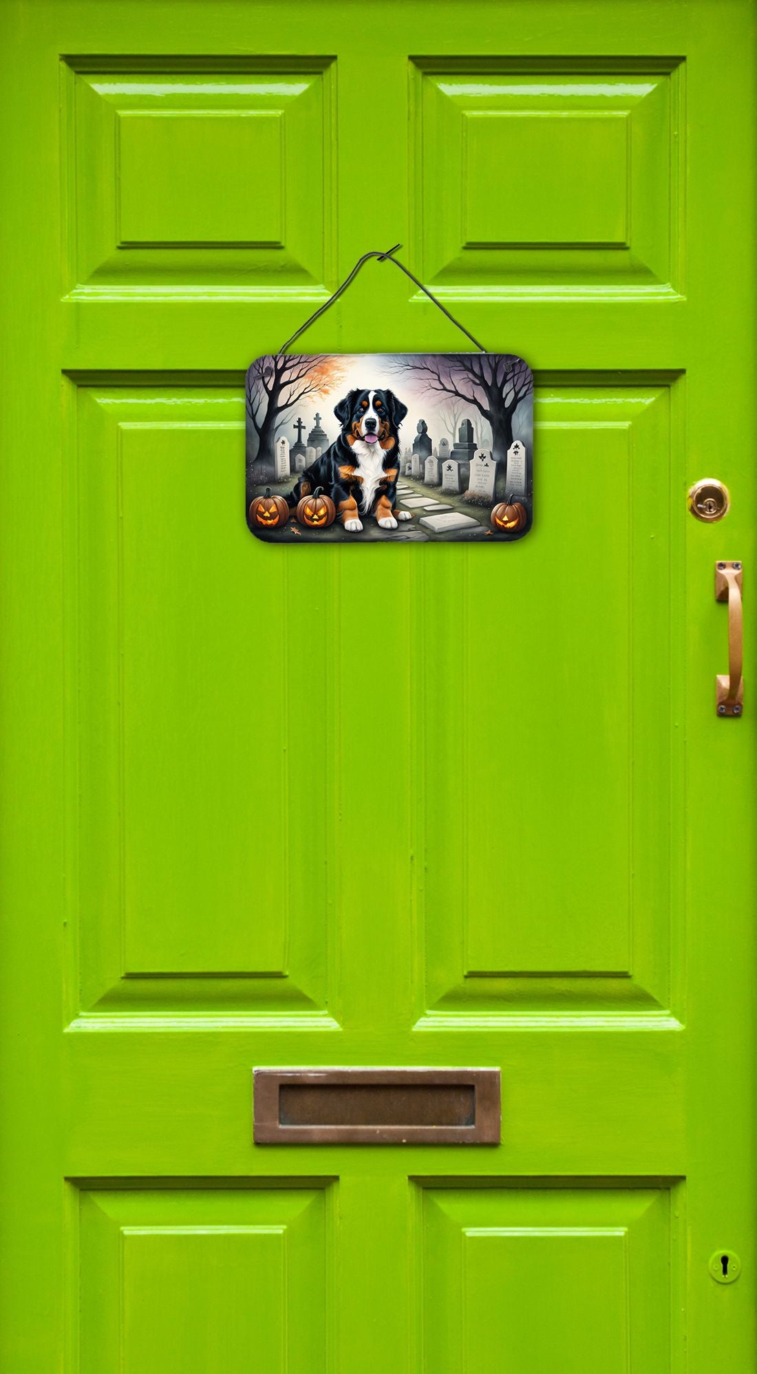 NEW Bernese Mountain Dog Spooky Halloween Wall or Door Hanging Prints Aluminum Metal Sign Kitchen Wall Bar Bathroom Plaque Home Decor, 8HX12W, Multicolor
