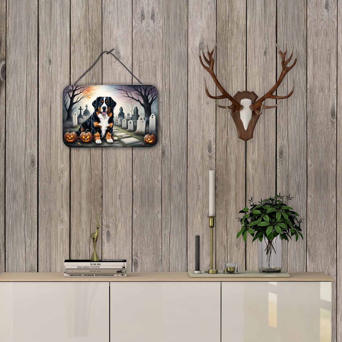 NEW Bernese Mountain Dog Spooky Halloween Wall or Door Hanging Prints Aluminum Metal Sign Kitchen Wall Bar Bathroom Plaque Home Decor, 8HX12W, Multicolor