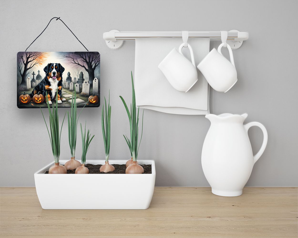 NEW Bernese Mountain Dog Spooky Halloween Wall or Door Hanging Prints Aluminum Metal Sign Kitchen Wall Bar Bathroom Plaque Home Decor, 8HX12W, Multicolor
