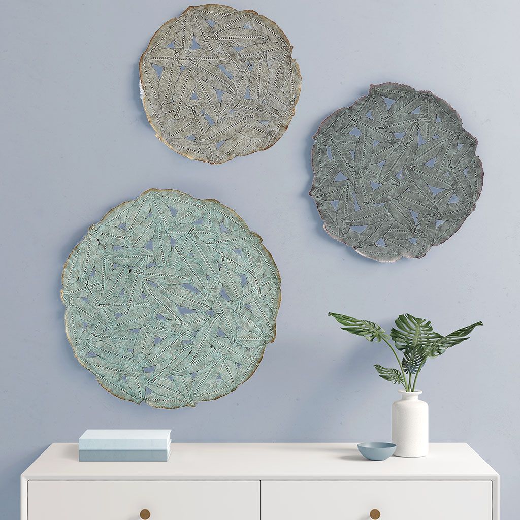 Textured Feather 3-piece Metal Disc Wall Decor Set