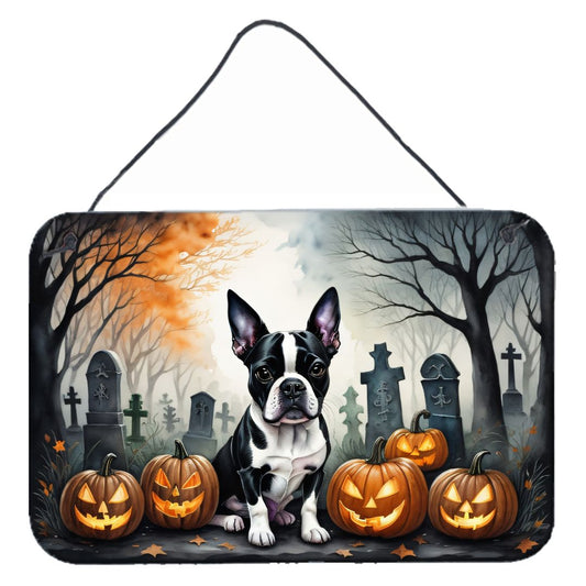 NEW Boston Terrier Spooky Halloween Wall or Door Hanging Prints Aluminum Metal Sign Kitchen Wall Bar Bathroom Plaque Home Decor, 8HX12W, Multicolor