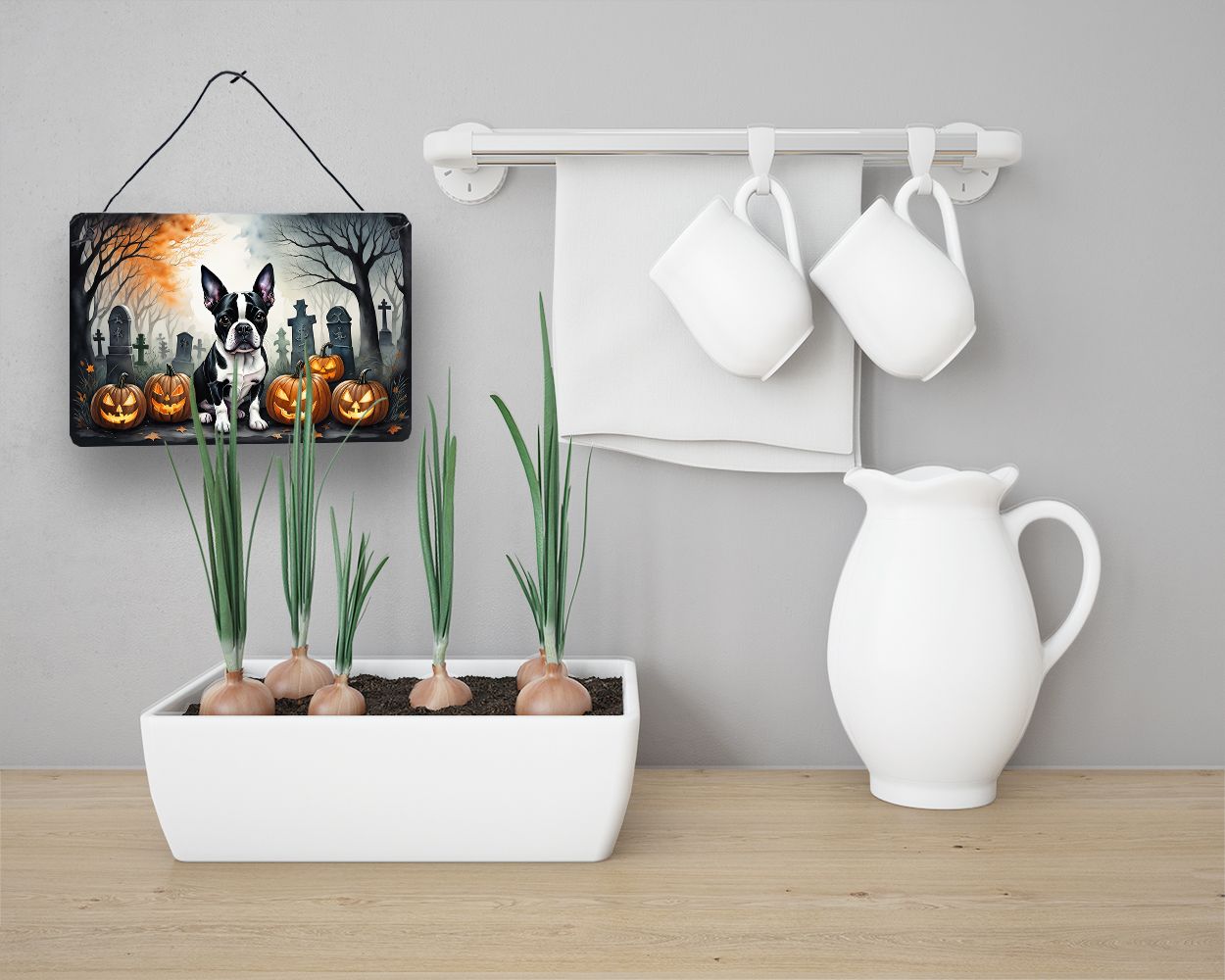 NEW Boston Terrier Spooky Halloween Wall or Door Hanging Prints Aluminum Metal Sign Kitchen Wall Bar Bathroom Plaque Home Decor, 8HX12W, Multicolor