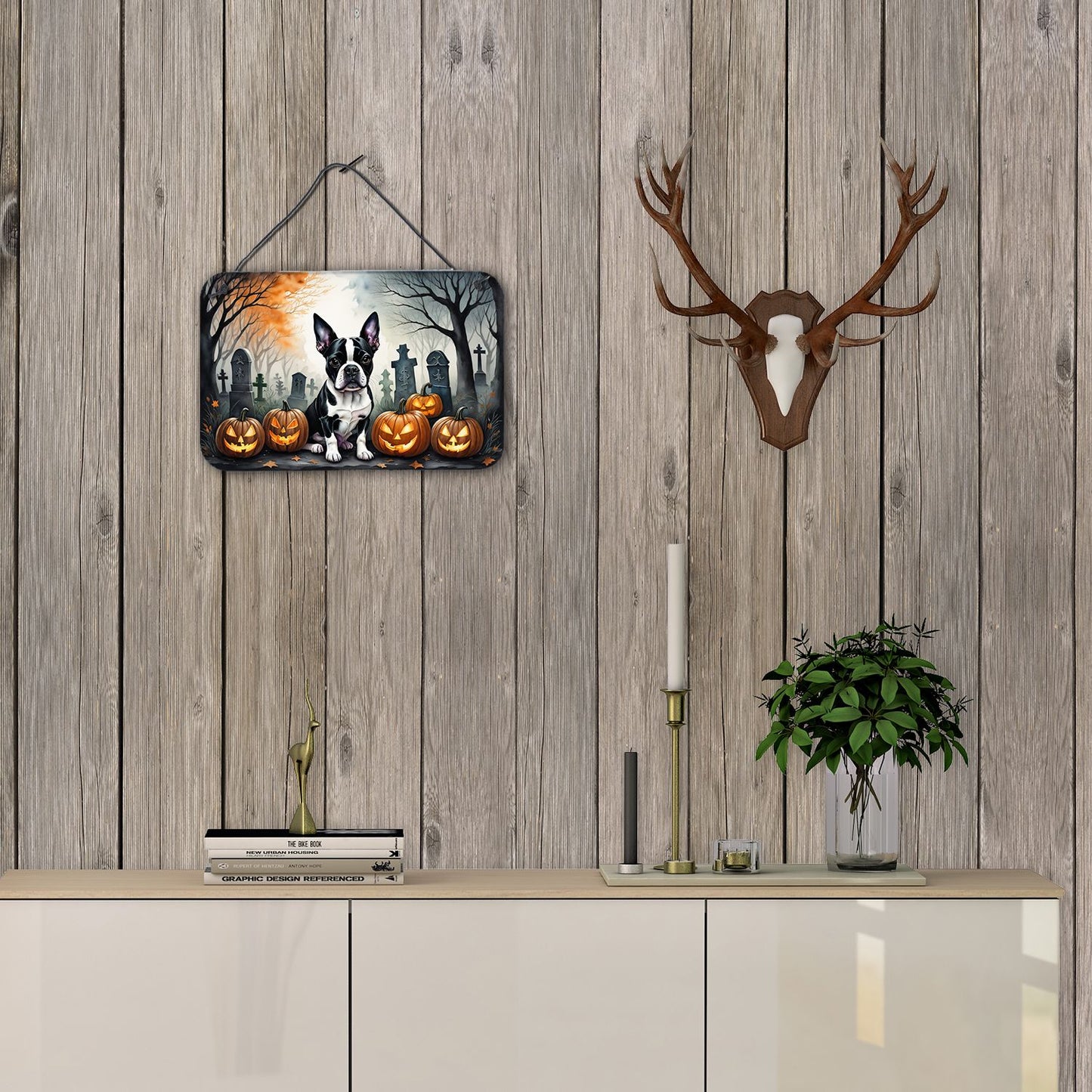 NEW Boston Terrier Spooky Halloween Wall or Door Hanging Prints Aluminum Metal Sign Kitchen Wall Bar Bathroom Plaque Home Decor, 8HX12W, Multicolor