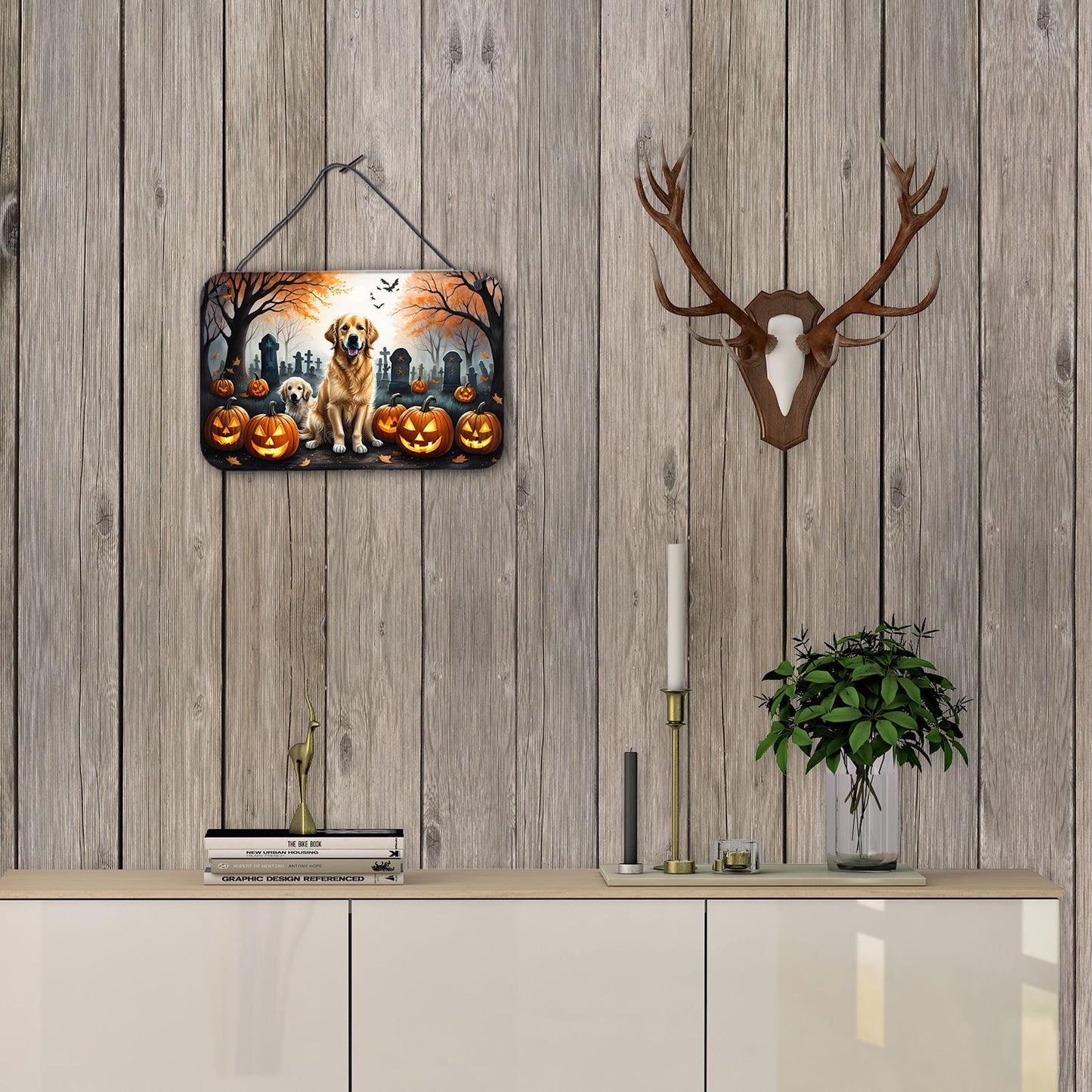 NEW Golden Retriever Spooky Halloween Wall or Door Hanging Prints Aluminum Metal Sign Kitchen Wall Bar Bathroom Plaque Home Decor, 8HX12W, Multicolor