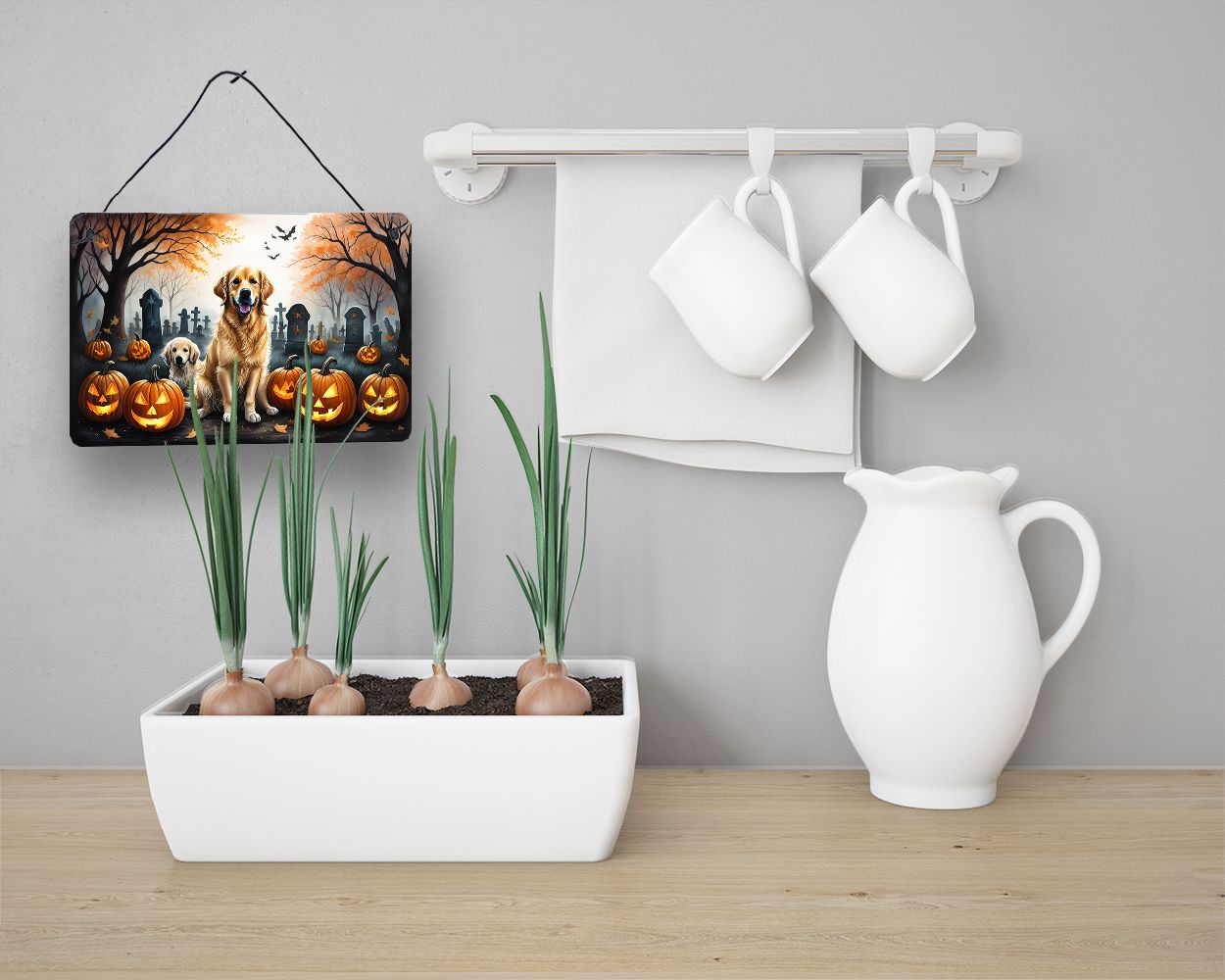 NEW Golden Retriever Spooky Halloween Wall or Door Hanging Prints Aluminum Metal Sign Kitchen Wall Bar Bathroom Plaque Home Decor, 8HX12W, Multicolor