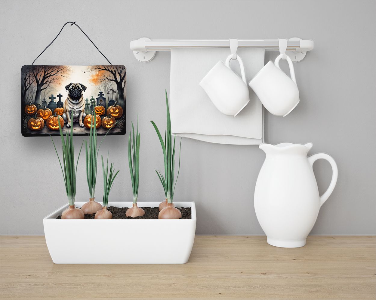 NEW Fawn Pug Spooky Halloween Wall or Door Hanging Prints Aluminum Metal Sign Kitchen Wall Bar Bathroom Plaque Home Decor, 8HX12W, Multicolor