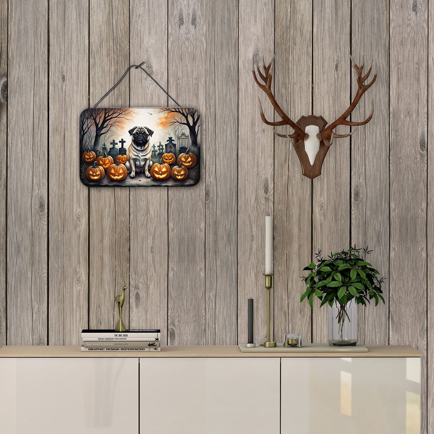 NEW Fawn Pug Spooky Halloween Wall or Door Hanging Prints Aluminum Metal Sign Kitchen Wall Bar Bathroom Plaque Home Decor, 8HX12W, Multicolor