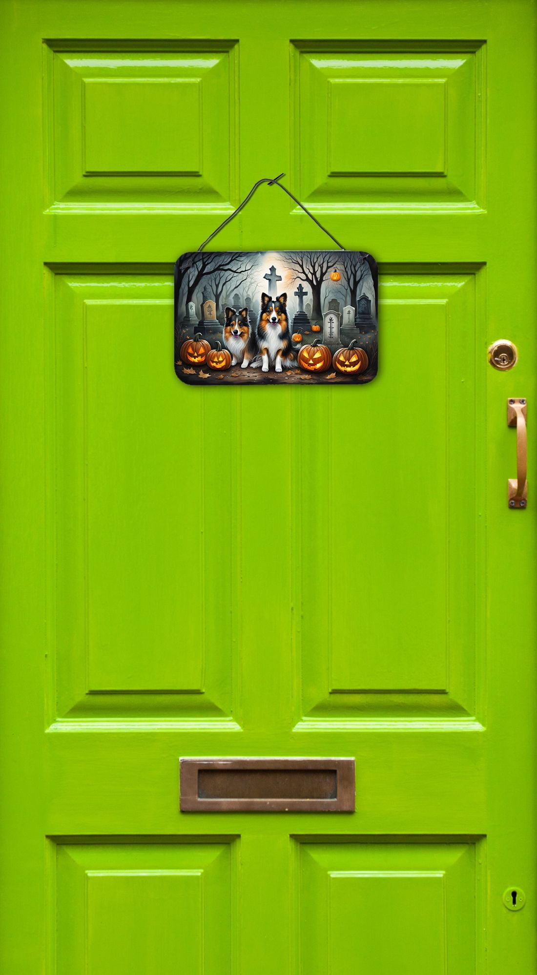 NEW Sheltie Spooky Halloween Wall or Door Hanging Prints Aluminum Metal Sign Kitchen Wall Bar Bathroom Plaque Home Decor, 8HX12W, Multicolor