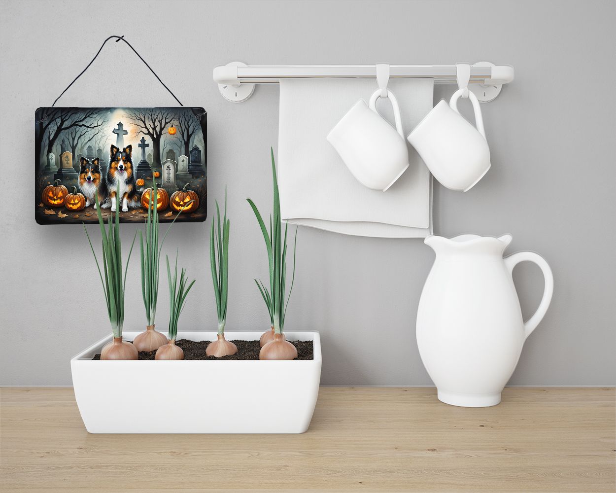 NEW Sheltie Spooky Halloween Wall or Door Hanging Prints Aluminum Metal Sign Kitchen Wall Bar Bathroom Plaque Home Decor, 8HX12W, Multicolor