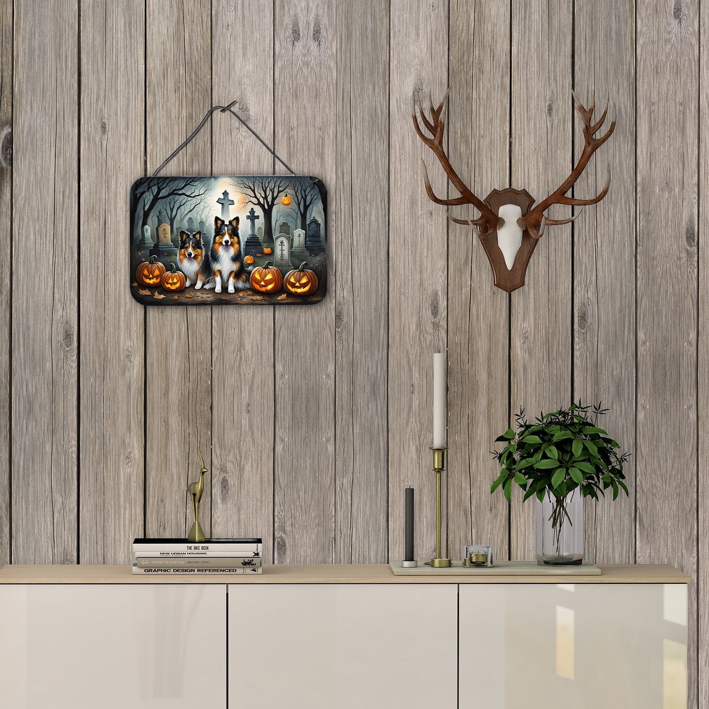 NEW Sheltie Spooky Halloween Wall or Door Hanging Prints Aluminum Metal Sign Kitchen Wall Bar Bathroom Plaque Home Decor, 8HX12W, Multicolor