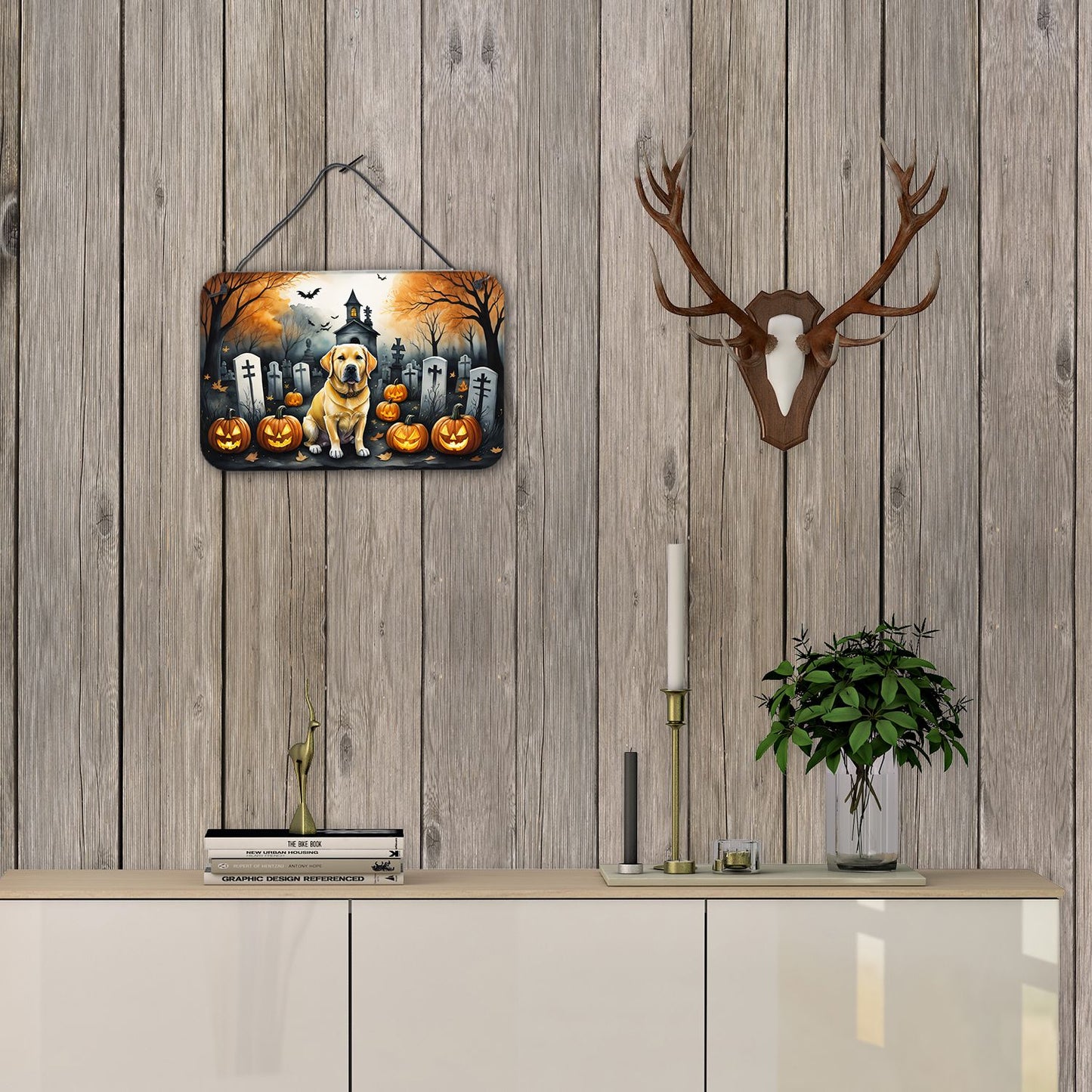 NEW Yellow Labrador Retriever Spooky Halloween Wall or Door Hanging Prints Aluminum Metal Sign Kitchen Wall Bar Bathroom Plaque Home Decor, 8HX12W, Multicolor