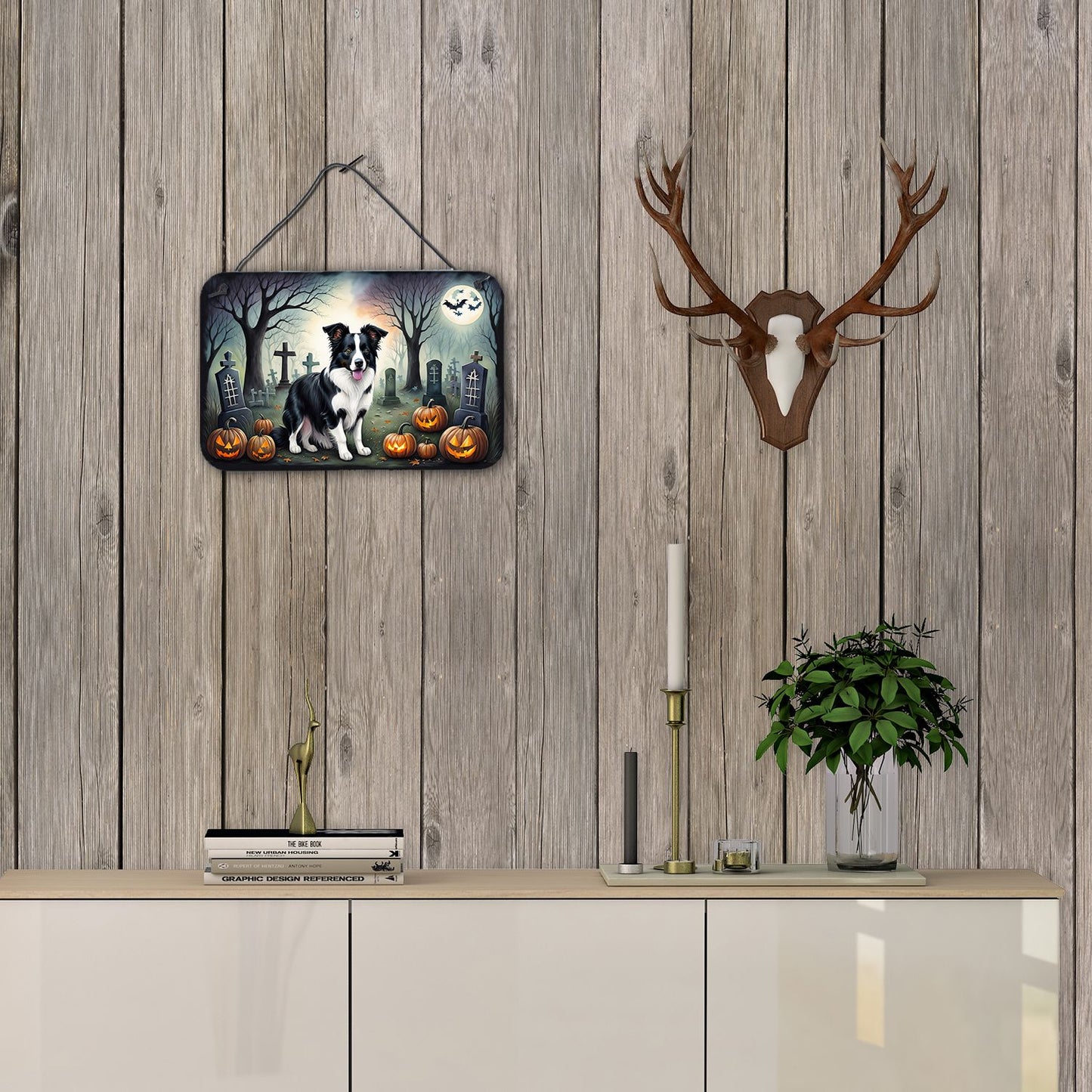 NEW Border Collie Spooky Halloween Wall or Door Hanging Prints Aluminum Metal Sign Kitchen Wall Bar Bathroom Plaque Home Decor, 8HX12W, Multicolor