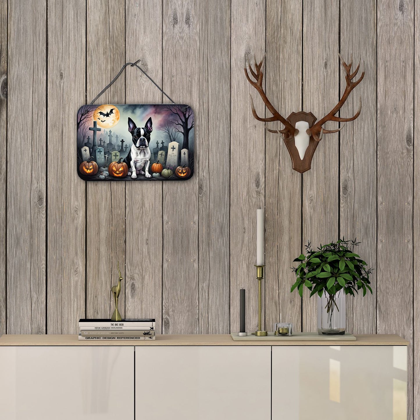 NEW Boston Terrier Spooky Halloween Wall or Door Hanging Prints Aluminum Metal Sign Kitchen Wall Bar Bathroom Plaque Home Decor, 8HX12W, Multicolor
