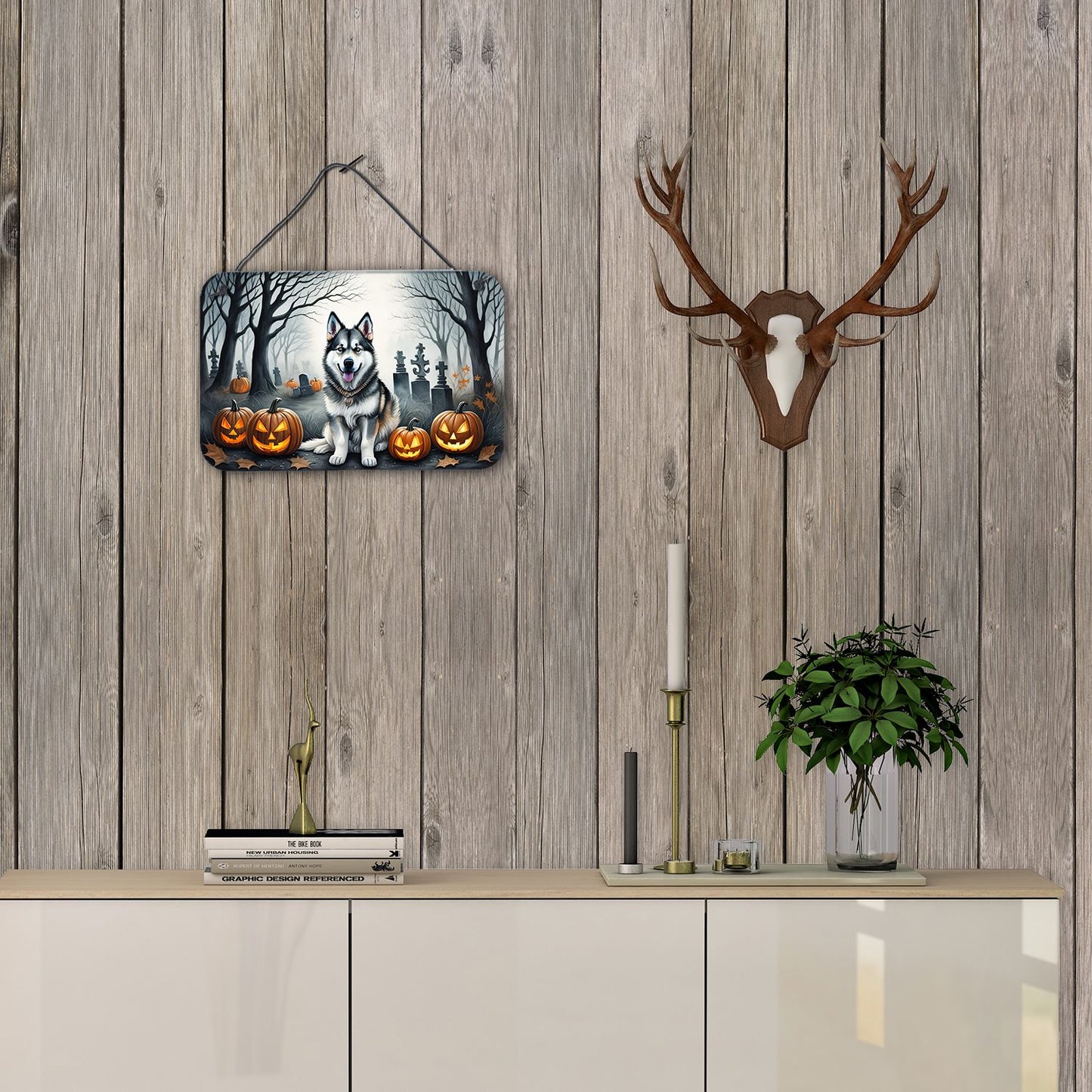 NEW Alaskan Malamute Spooky Halloween Wall or Door Hanging Prints Aluminum Metal Sign Kitchen Wall Bar Bathroom Plaque Home Decor, 8HX12W, Multicolor