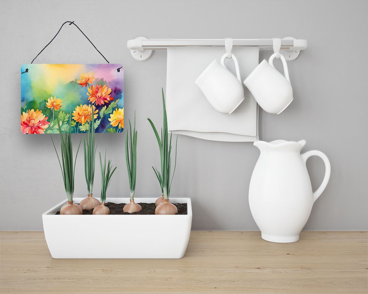 NEW Chrysanthemums in Watercolor Wall or Door Hanging Prints Aluminum Metal Sign Kitchen Wall Bar Bathroom Plaque Home Decor, 8HX12W, Multicolor