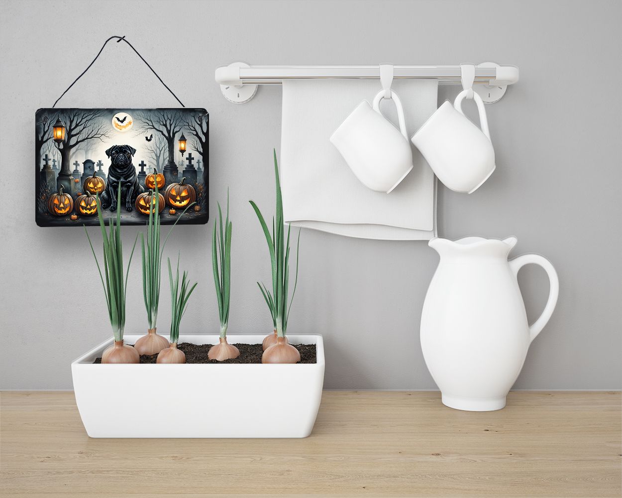 NEW Black Pug Spooky Halloween Wall or Door Hanging Prints Aluminum Metal Sign Kitchen Wall Bar Bathroom Plaque Home Decor, 8HX12W, Multicolor