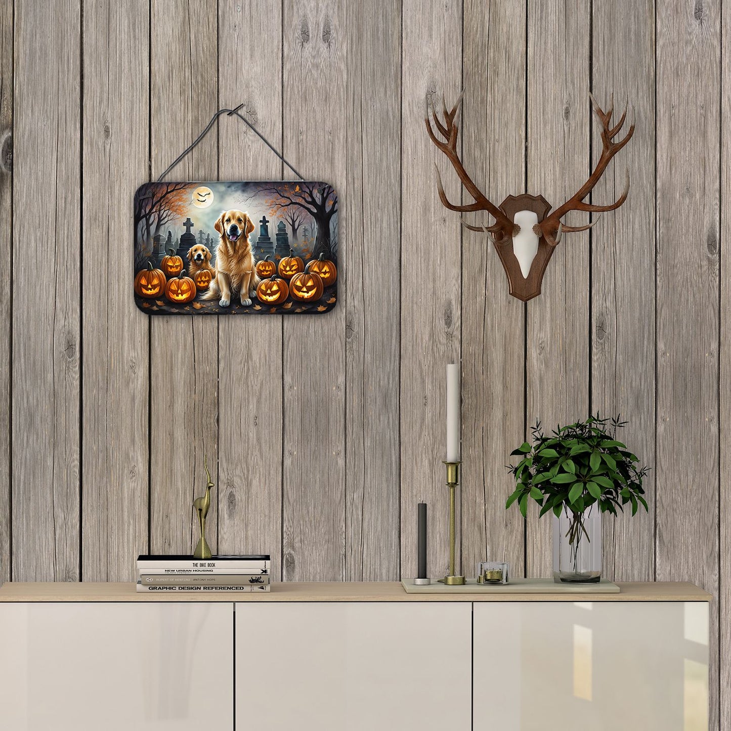 NEW Golden Retriever Spooky Halloween Wall or Door Hanging Prints Aluminum Metal Sign Kitchen Wall Bar Bathroom Plaque Home Decor, 8HX12W, Multicolor