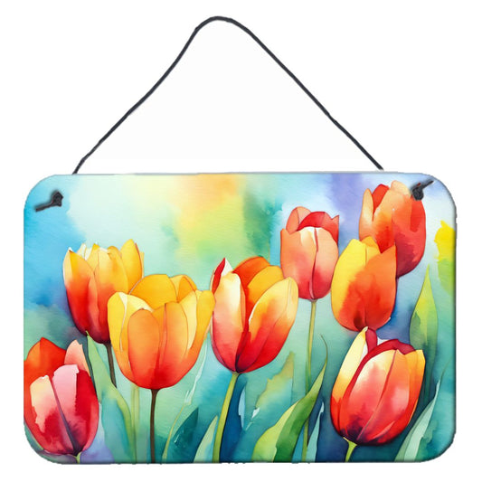 NEW Tulips in Watercolor Wall or Door Hanging Prints Aluminum Metal Sign Kitchen Wall Bar Bathroom Plaque Home Decor, 8HX12W, Multicolor