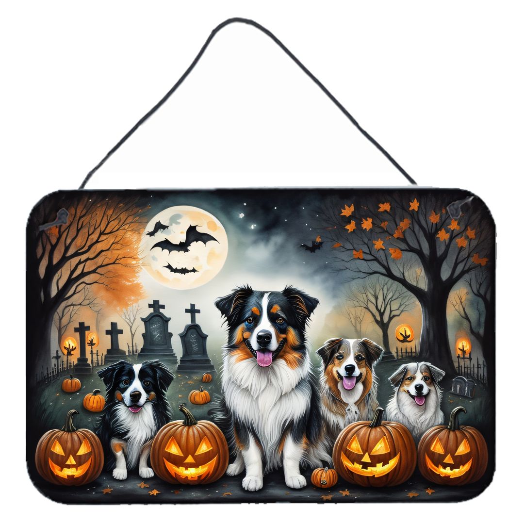 NEW Australian Shepherd Spooky Halloween Wall or Door Hanging Prints Aluminum Metal Sign Kitchen Wall Bar Bathroom Plaque Home Decor, 8HX12W, Multicolor