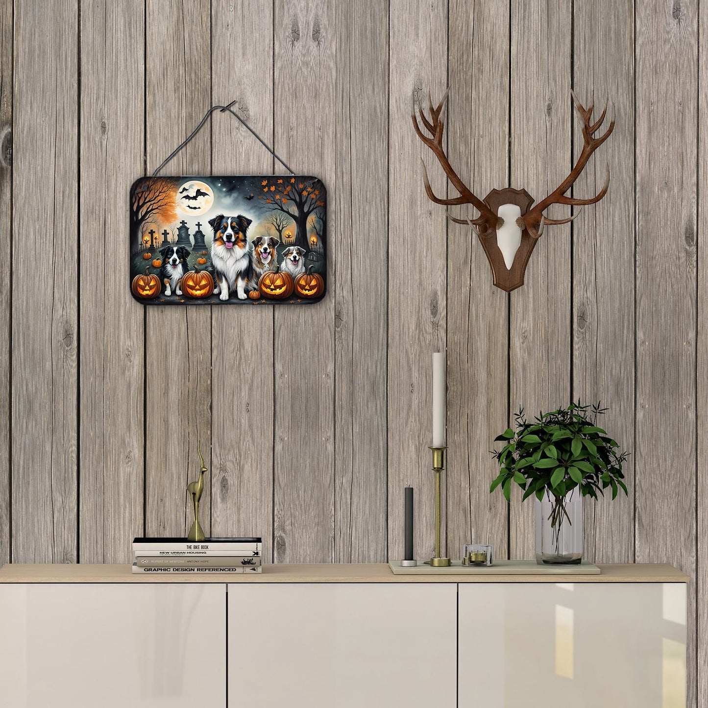 NEW Australian Shepherd Spooky Halloween Wall or Door Hanging Prints Aluminum Metal Sign Kitchen Wall Bar Bathroom Plaque Home Decor, 8HX12W, Multicolor