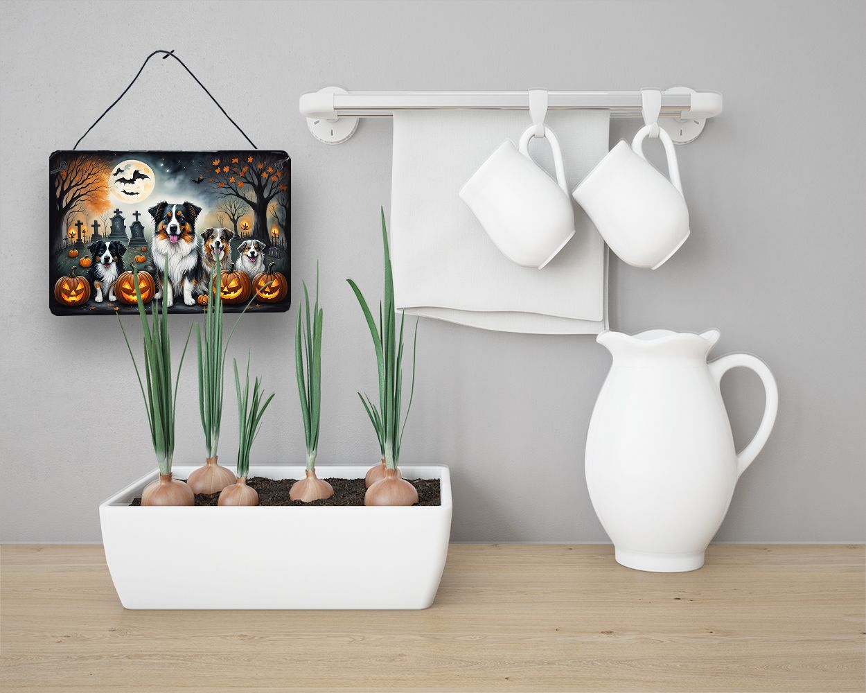 NEW Australian Shepherd Spooky Halloween Wall or Door Hanging Prints Aluminum Metal Sign Kitchen Wall Bar Bathroom Plaque Home Decor, 8HX12W, Multicolor
