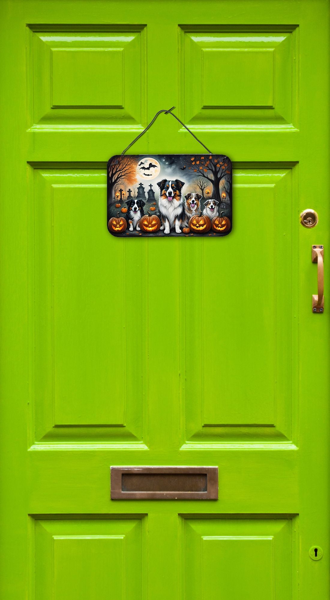 NEW Australian Shepherd Spooky Halloween Wall or Door Hanging Prints Aluminum Metal Sign Kitchen Wall Bar Bathroom Plaque Home Decor, 8HX12W, Multicolor