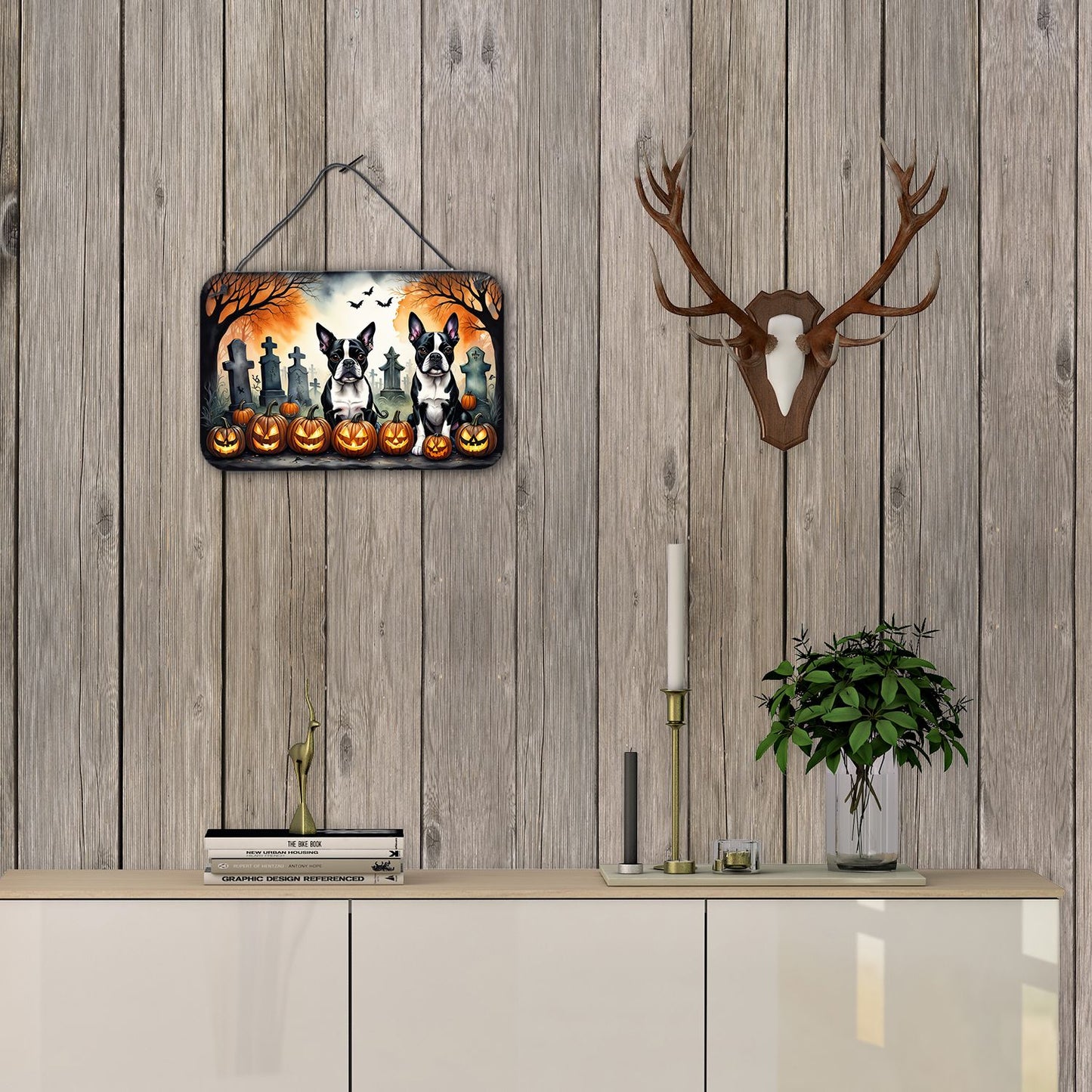 NEW Boston Terrier Spooky Halloween Wall or Door Hanging Prints Aluminum Metal Sign Kitchen Wall Bar Bathroom Plaque Home Decor, 8HX12W, Multicolor