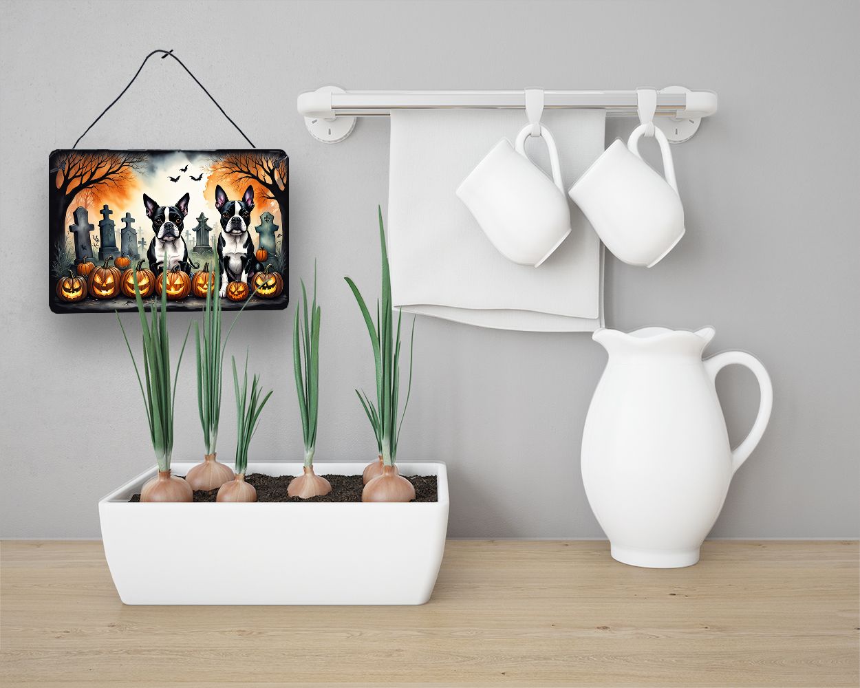 NEW Boston Terrier Spooky Halloween Wall or Door Hanging Prints Aluminum Metal Sign Kitchen Wall Bar Bathroom Plaque Home Decor, 8HX12W, Multicolor