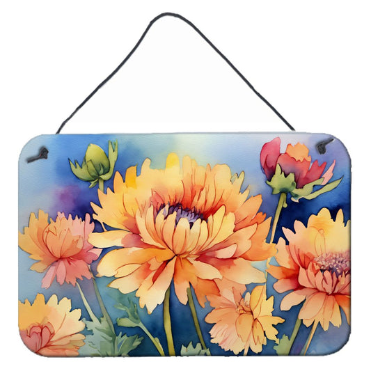 NEW Chrysanthemums in Watercolor Wall or Door Hanging Prints Aluminum Metal Sign Kitchen Wall Bar Bathroom Plaque Home Decor, 8HX12W, Multicolor