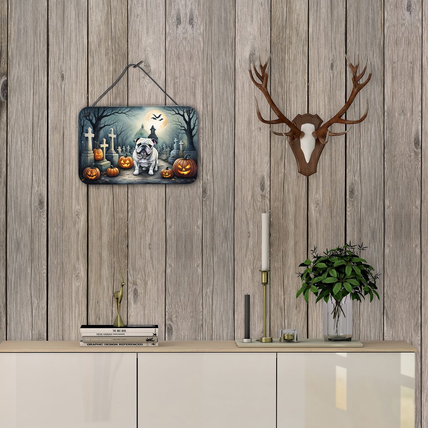 NEW English Bulldog Spooky Halloween Wall or Door Hanging Prints Aluminum Metal Sign Kitchen Wall Bar Bathroom Plaque Home Decor, 8HX12W, Multicolor