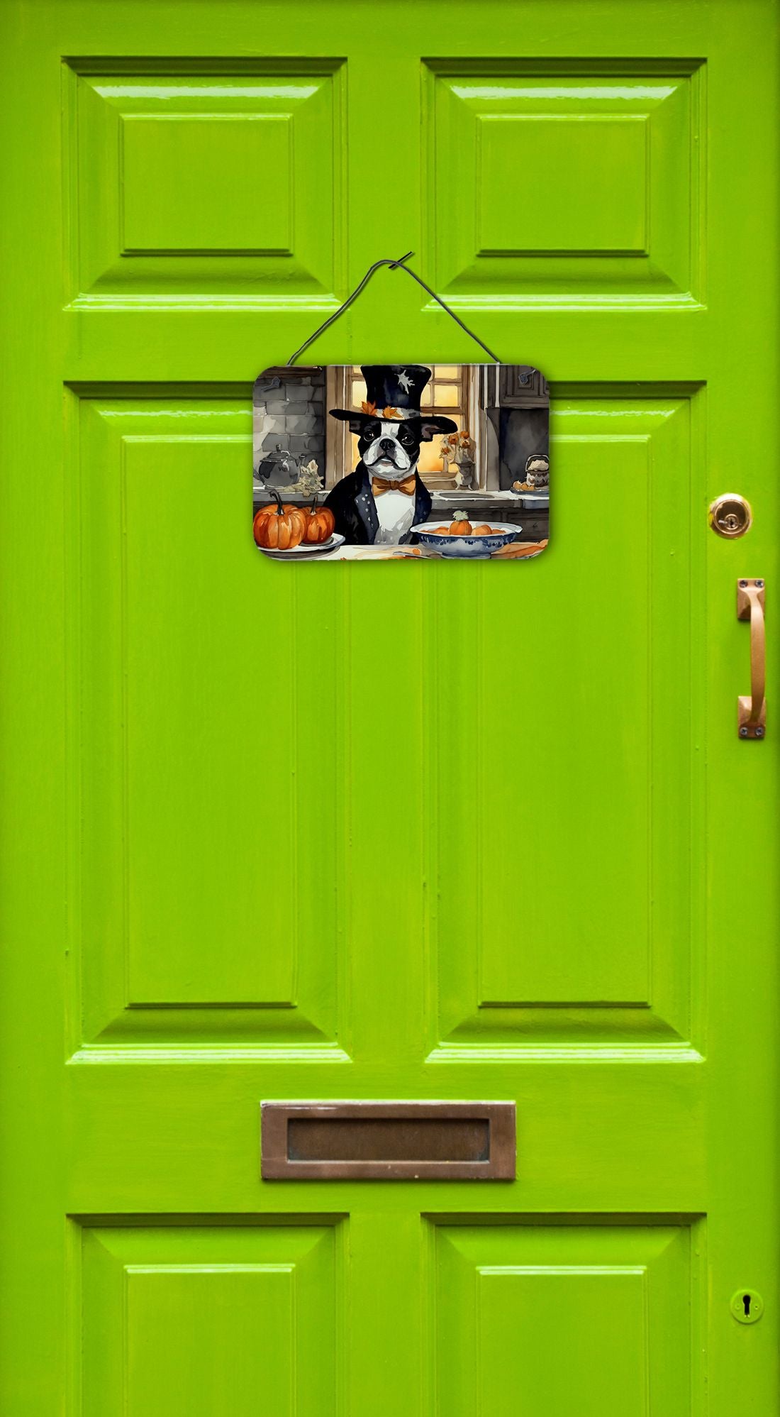 NEW Boston Terrier Fall Kitchen Pumpkins Wall or Door Hanging Prints Aluminum Metal Sign Kitchen Wall Bar Bathroom Plaque Home Decor, 8HX12W, Multicolor